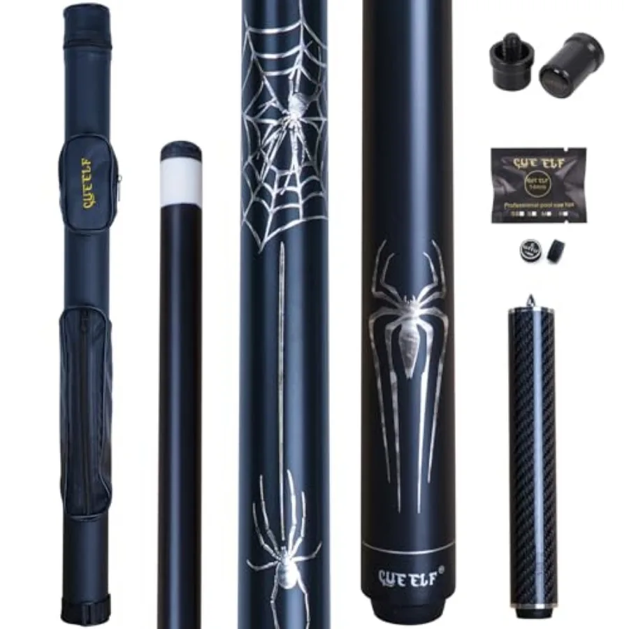 

58" 2-Piece Low Deflection Pool Cue Spider Pattern, Spray Black Maple Forearm with Carbon Fiber Extension, 1x1 Hard Case, Joint