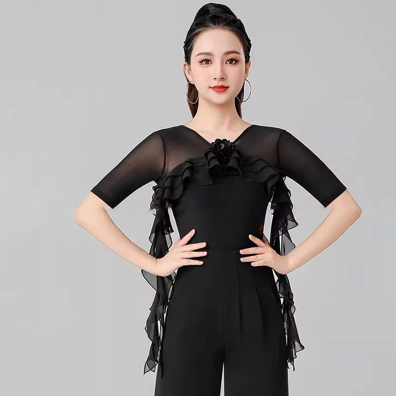 

Latin Dance Tops 2025 New Women's Ballroom Shirts V-neck Ruffled Modern Waltz Dance Practice Clothes Black Yellow