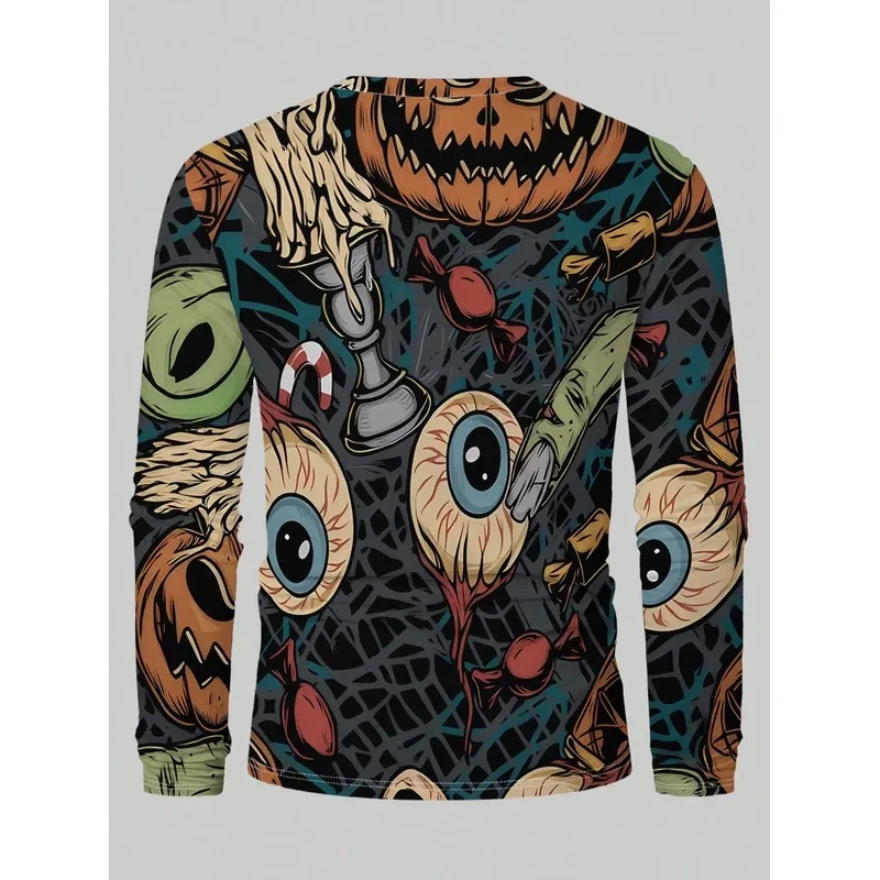 Men Long Sleeve T‑Shirt Halloween All‑Over Print Pumpkin Eyeball Zombie Candy Crew Neck Horror Casual Tops