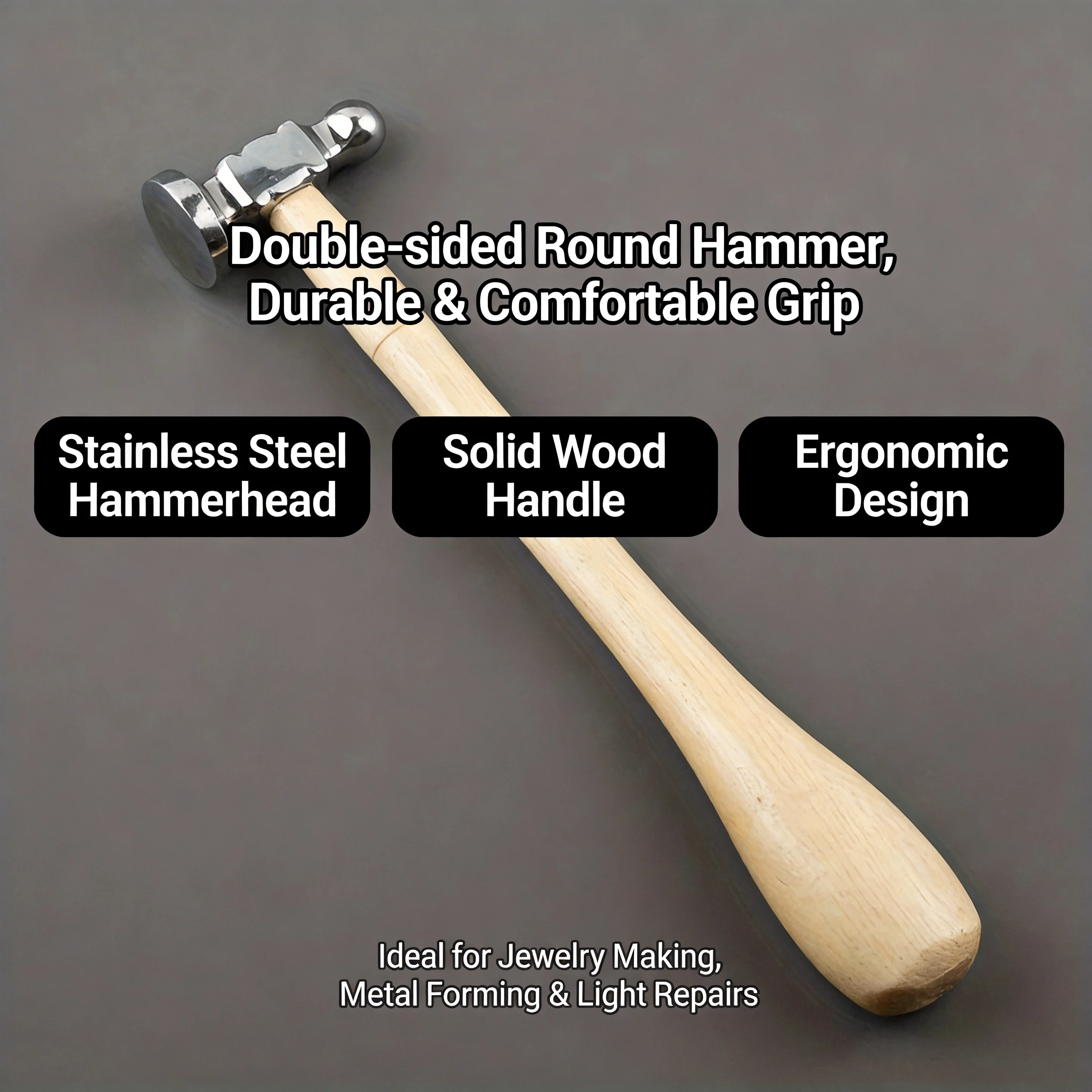 Stainless Steel Dual-Headed Jewelry Hammer – Solid Wood Handle Metal Smithing Tool, Double-Sided Polishing & Forming Hammer,