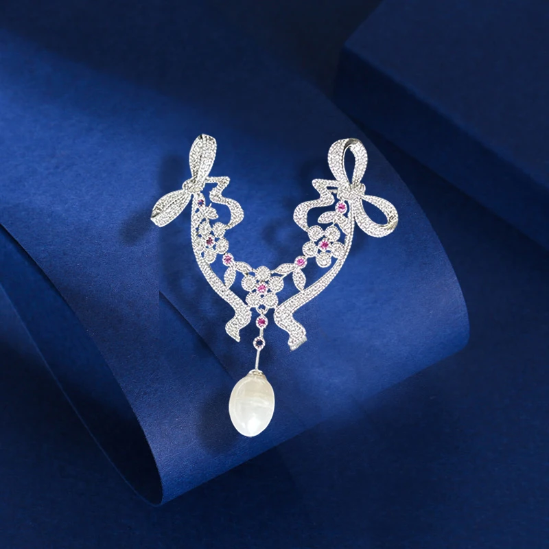 OKILY Lovely Palace Style Freshwater Pearl Brooches Zircon Bowknot Flower Broche Decorativo De Ropa for Woman's Clothing Corsage