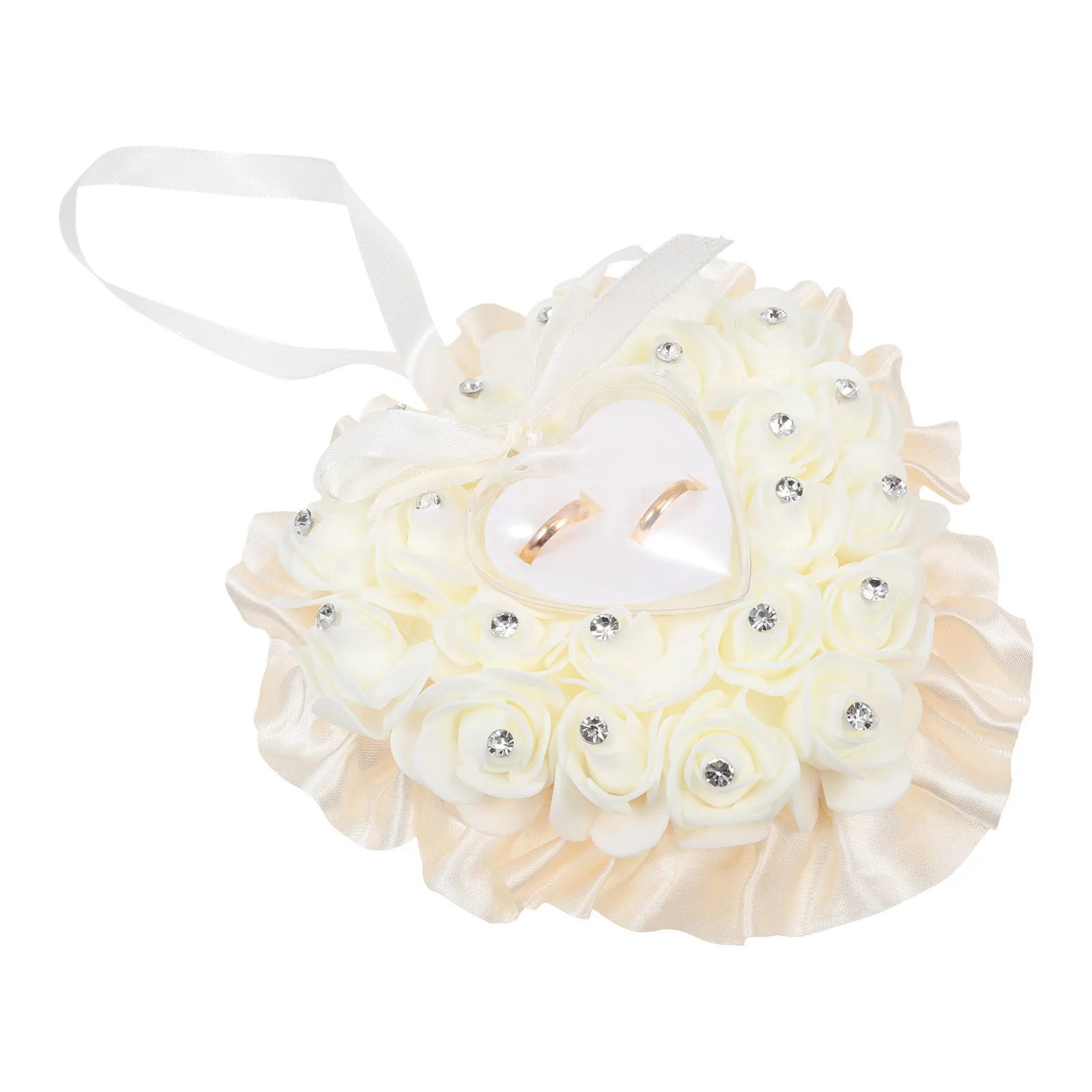 Heart Shape Wedding Rose Flower Ring Pillow Crystal Rhinestone Decor Elegant Bridal Ring Cushion Case for Wedding Celebration