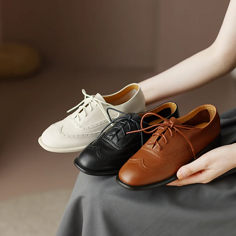 

2024 new spring autumn Women pumps natural leather 22-24.5cm soft cowhide+pigskin full leather Retro brogues women shoes