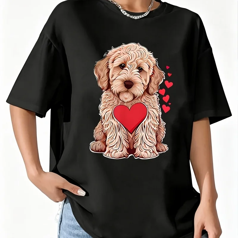 Valentine Cute Golden Doodle Valentine's Day Women's 100% Cotton T-Shirt Fun Print Short Sleeve Top Casual Round Neck Tee S-5Xl