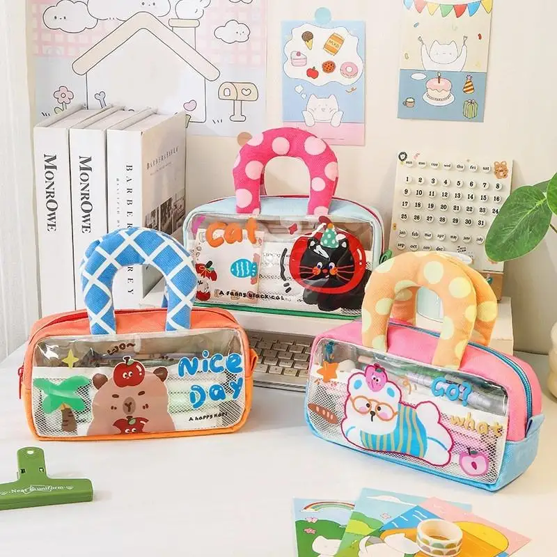 1Pcs Large Capacity Pencil Case With Handles, Kids Small Backpack Tote For School Compartment Organizer Cute Cartoon