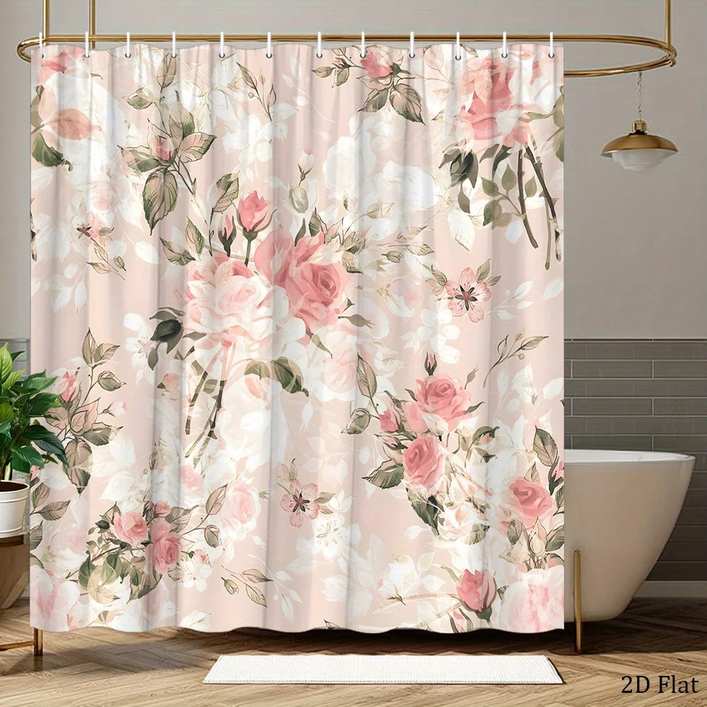 1pc Seamless Floral Pattern Shower Curtain Soft  Roses and Green Leaves on Peach Background Elegant and Romantic Design Includes