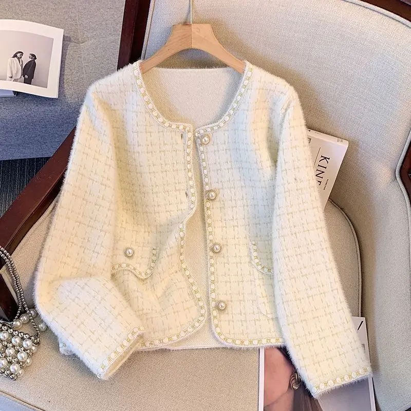 Women's New Faux Mink Cashmere Fashion Elegant Socialite Slim Fit Skin-Friendly Cozy Commute Versatile Crew Neck Cardigan Coat