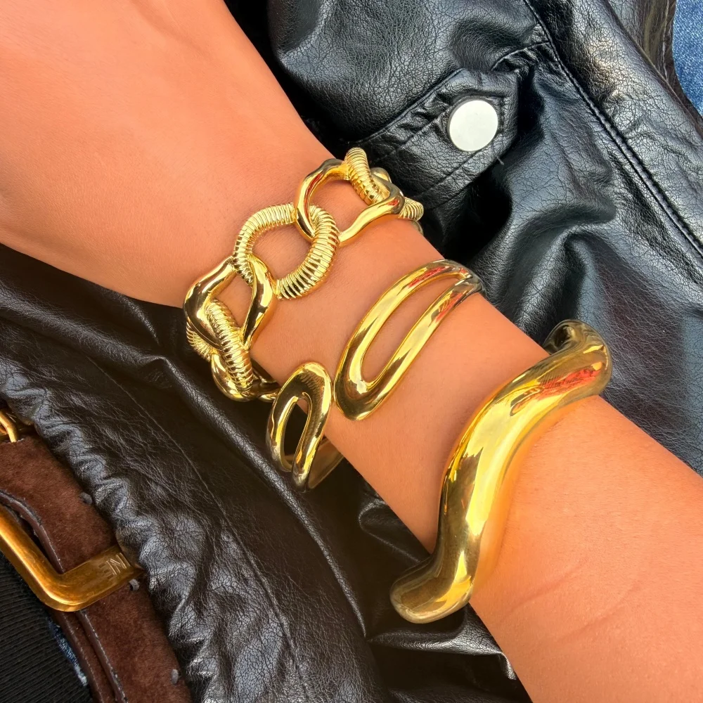 Zalman Punk Geometric Hollow Line Wide Bangle Bracelet for Women Gold Stainless Steel Jewelry New 2026