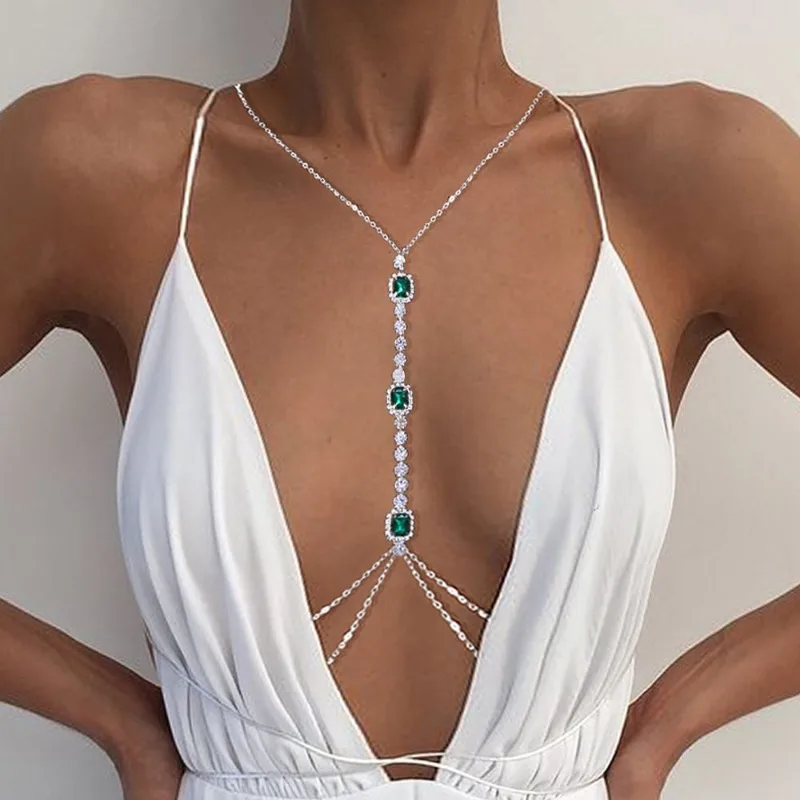 Minar 2025 Hot Sale Green Square Rhinestone Crystal Tassel Long Body Chain for Women Gold Silver Plated for Beach Party Jewelry