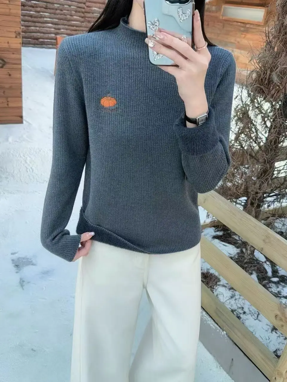 Outono inverno thiened f gola alta bordado intermido fce camisola de malha feminina sobrecarga quente versátil topo