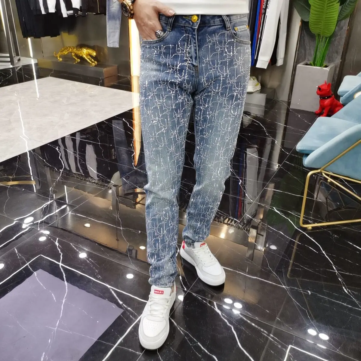 Rhinestones  Men's  jean Casual  Comfortable High Quality  Male pants 2024 hot sale