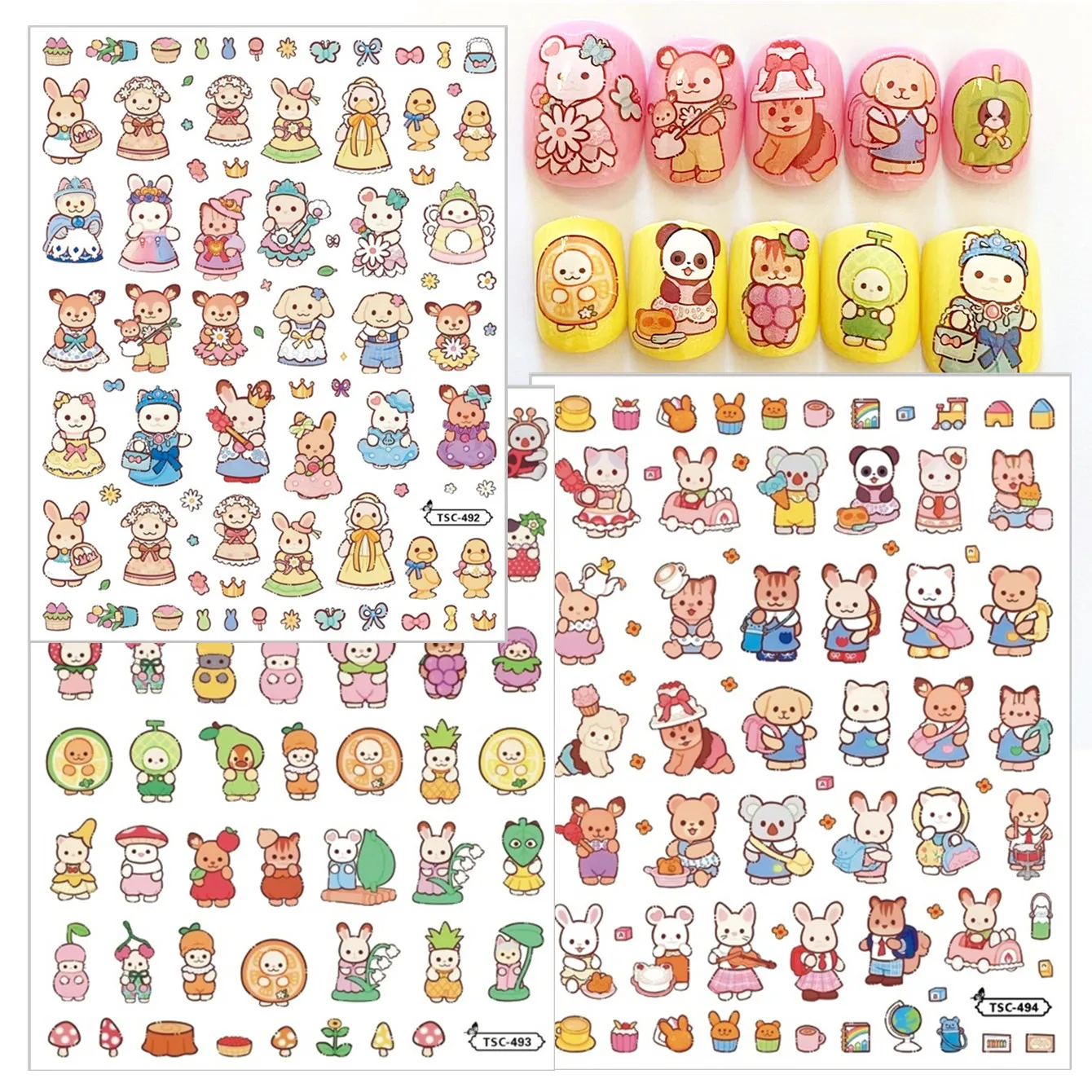 TSC-491-494 Sy Familles Conception de tige lapin ours conceptions 3d Nail Art Autocollant nail Deco Curseur Timbre Film accessoires