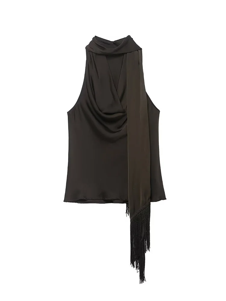 

HH Woman Fashion Party Fringed Ornament Decoration Short Top Summer Sexy Sleeveless Satin Texture Leisure Halter Solid Tops