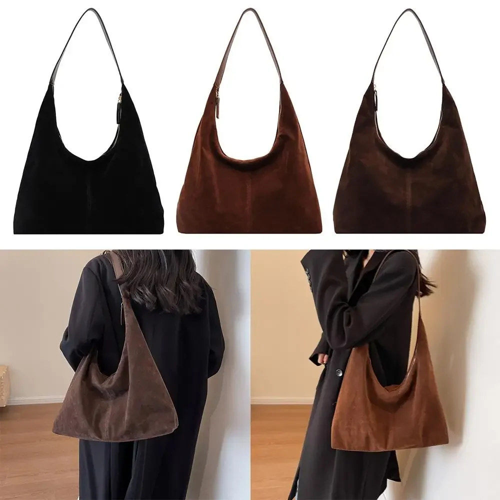 Bolsos de gamuza marrón de invierno para mujer, bolso de mano holgado de gran capacidad con cremallera, bolsos Hobo para mujer
