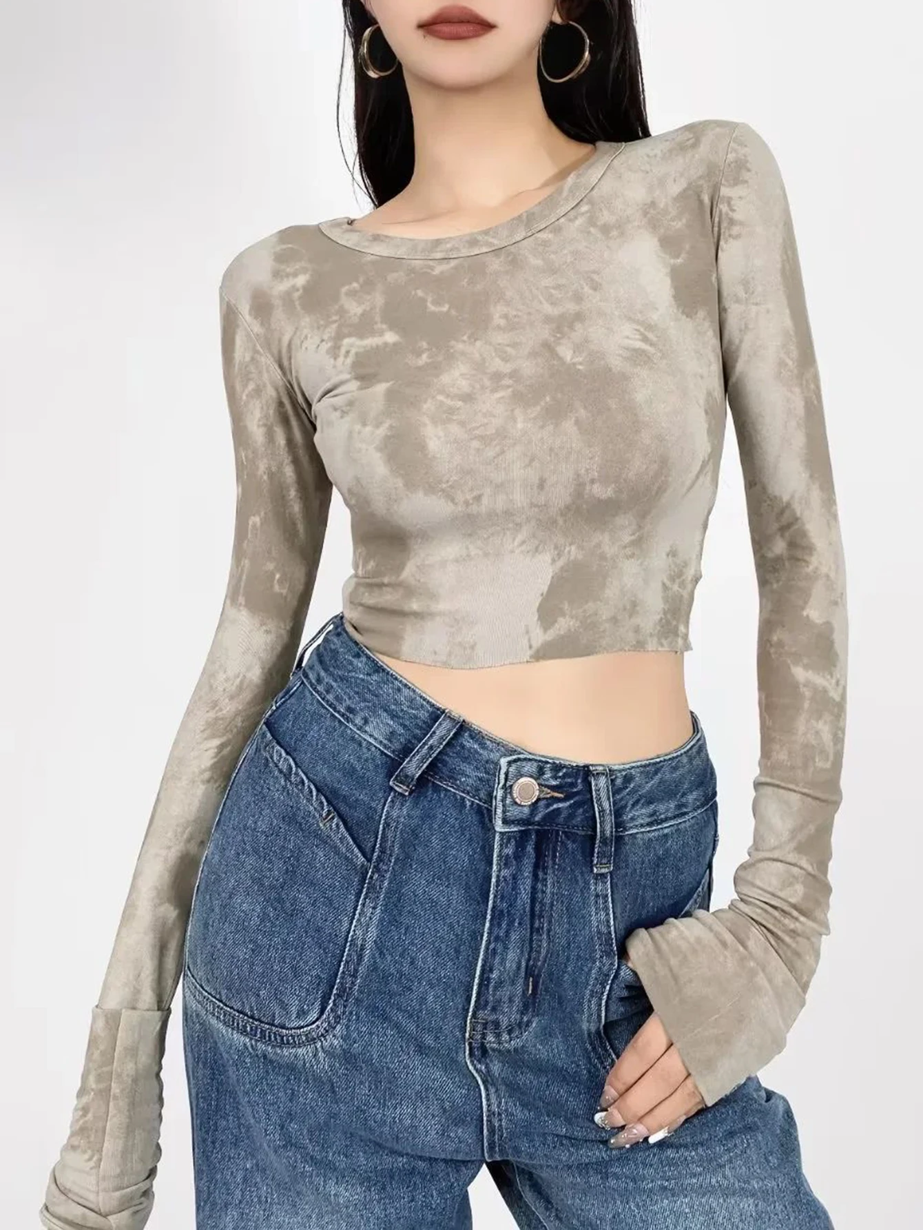 

Women's Casual Tie Dye Long Sleeve round Neck Skinny Fit Cropped T-Shirts Autumn Basic Top