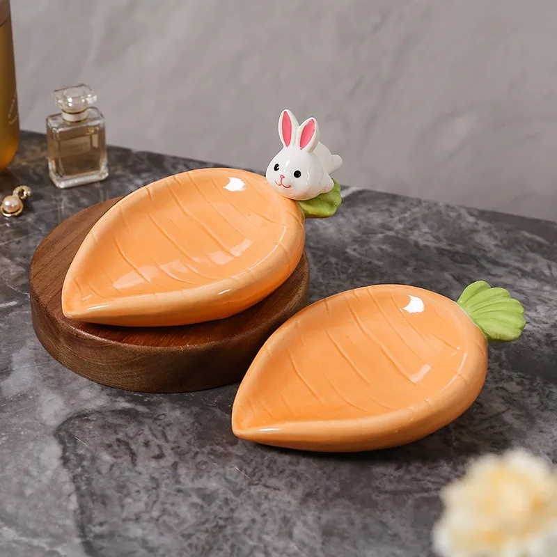 1pcs Cute Rabbit Carrot Ceramic Soap Dish Non Water Accumulation Bathroom Sink Soap Drainage Storage Box