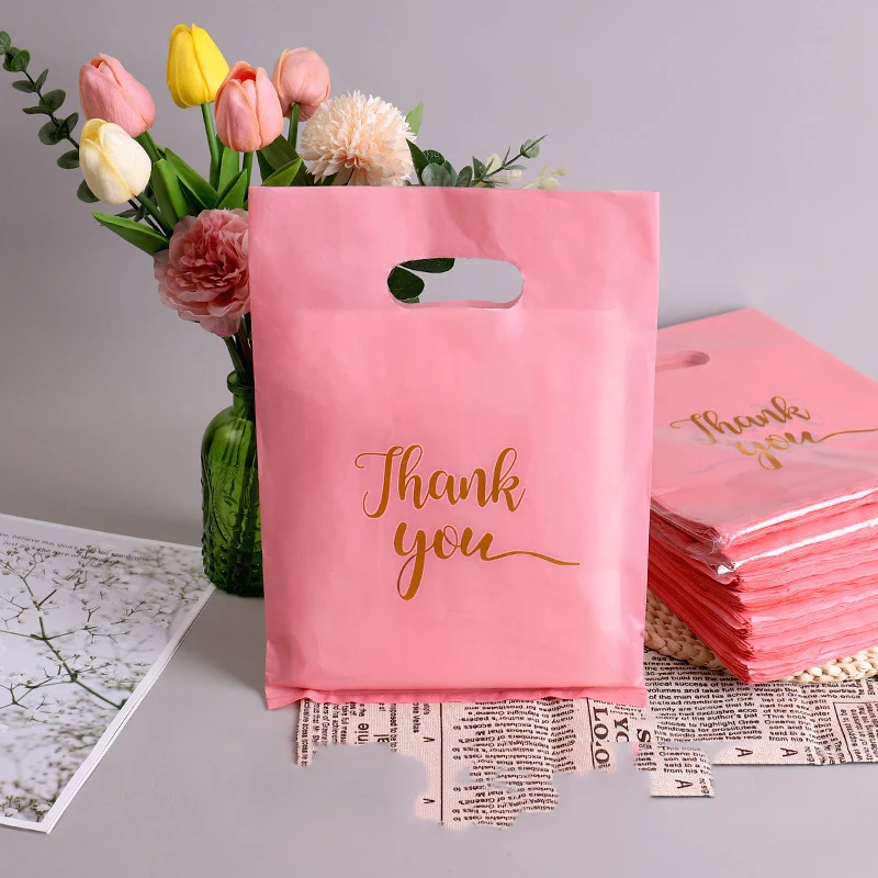 100Pcs Black White Pink Thank You Gift Bag Birthday Party Wedding Portable Gift Packaging Plastic Bag with Handle Business Suppl