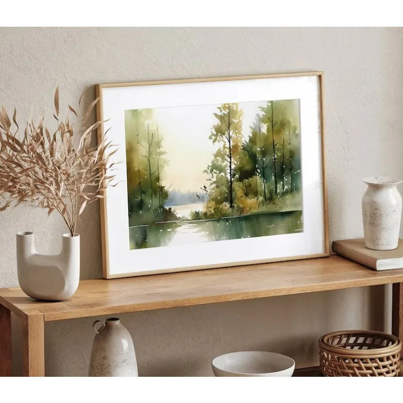 ملصق فن المناظر الطبيعية التجريدية بالألوان المائية ، بحيرة الغابات ، شجرة دائمة الخضرة ، لوحة قماشية من الصنوبر ، غرفة المعيشة ، السجل ، ديكور المنزل #3