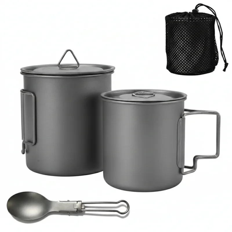 Titanium Camping Cookware Set with Folding Mug (420ml/750ml) and 750ml Pot, Lightweight Portable Outdoor Kit for Hiking Backpack