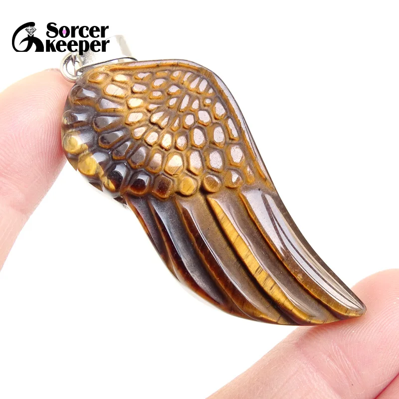 

high Quality Natural Stone Crystal Tiger eye Wings Charms Pendant Necklace for DIY Feather Hand Carved Jewelry Making 1Pcs BM087