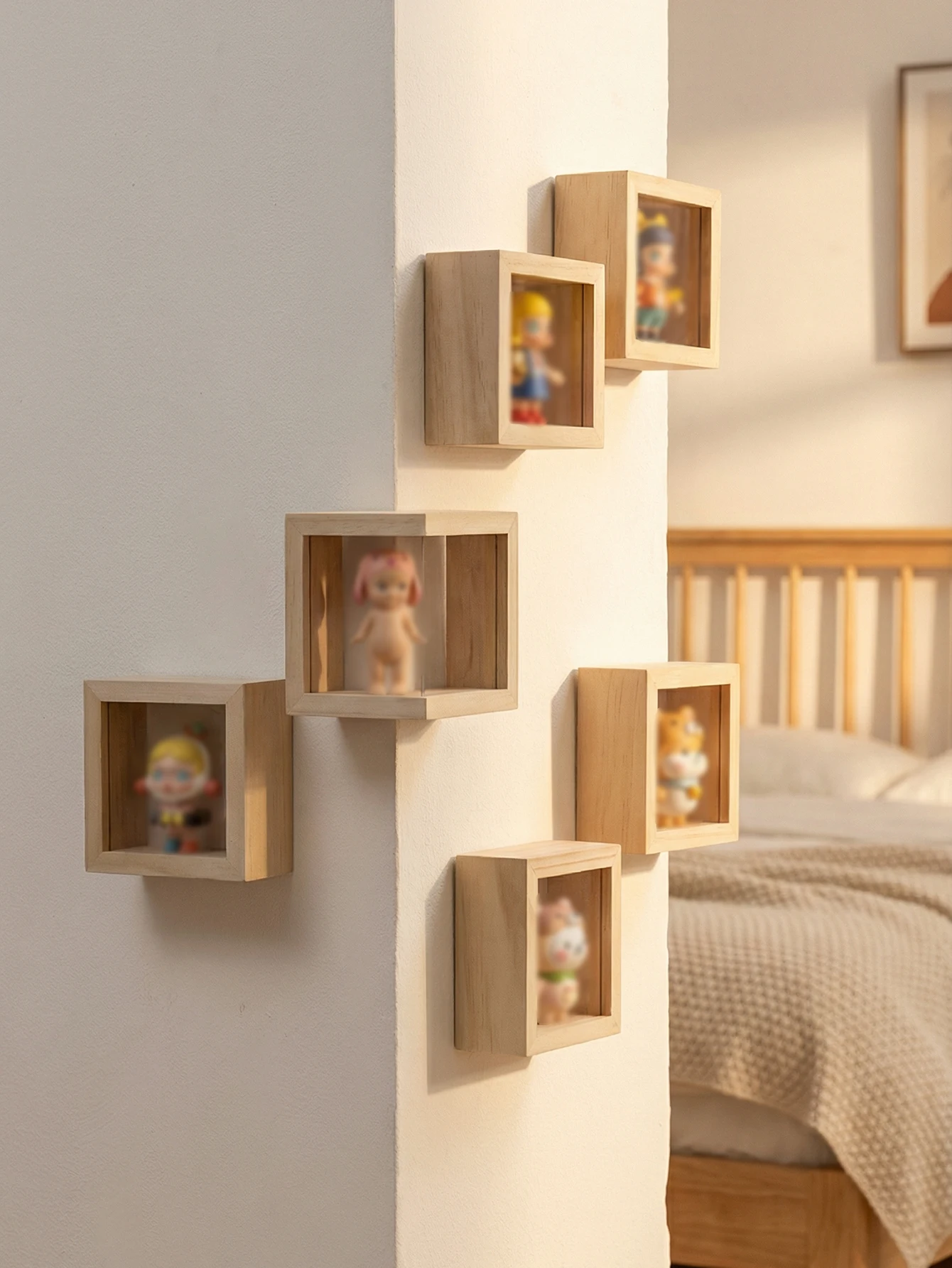 Wooden Cube Wall Shelves Mini Floating Display Shelf for Figurines Plants Decor Boho Home Wall Storage Organizer Hanging Shelves view 2