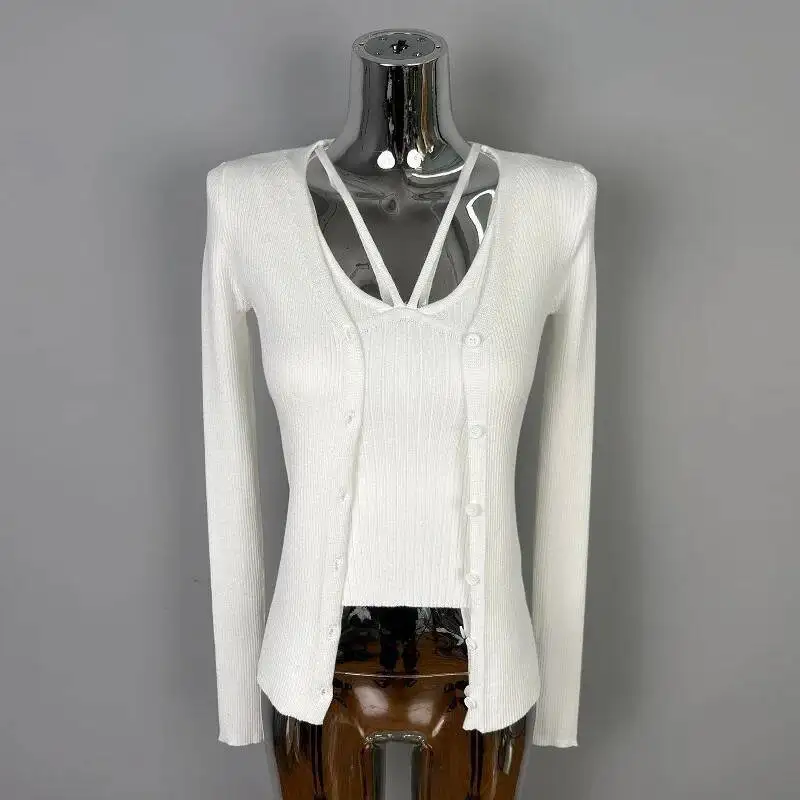 Coreano fino versátil sexy camisola + manga longa cardigan de malha conjunto de duas peças para camisas femininas camisetas t camisa topos 9dlo