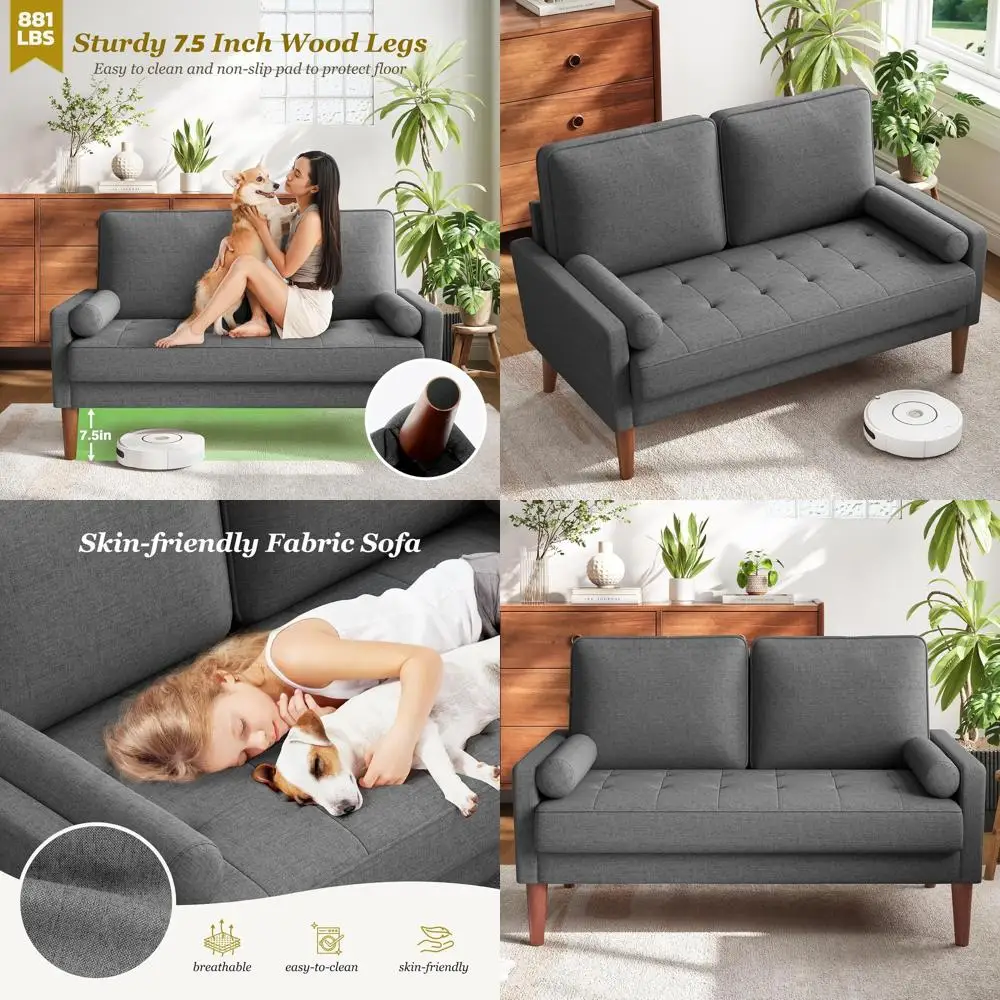 

48 Grey Modern Loveseat Sofa with Solid Wood Legs for Small Spaces, Perfect for Living Room or Bedroom, Easy Assembly with Throw