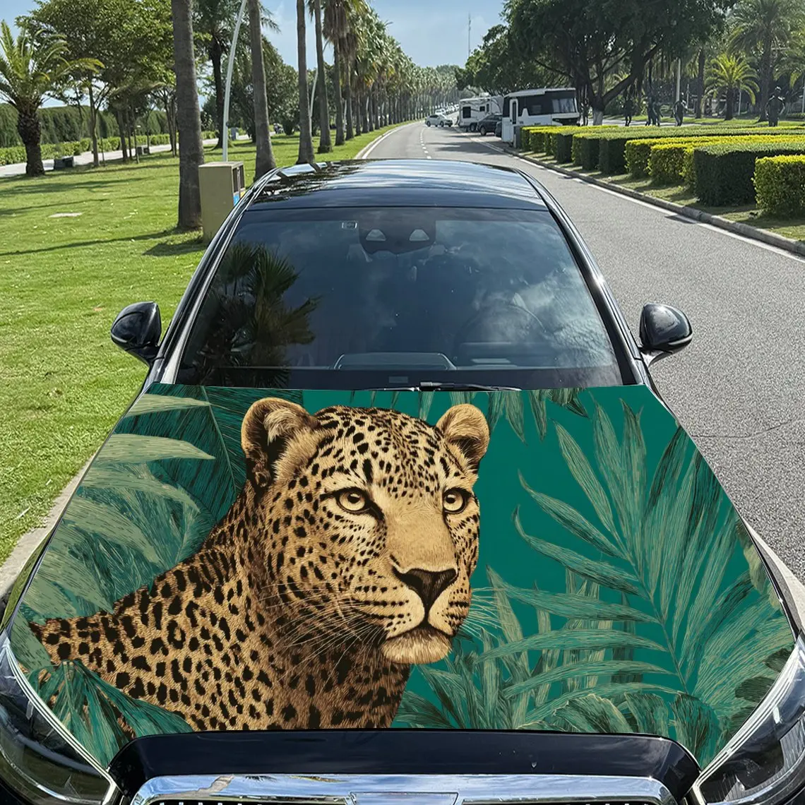 

Car Decal Leopard with Vibrant Green Tropical Foliage Artistic Background & Wild-Natural Aesthetic Car Hood Sticker, Waterproof