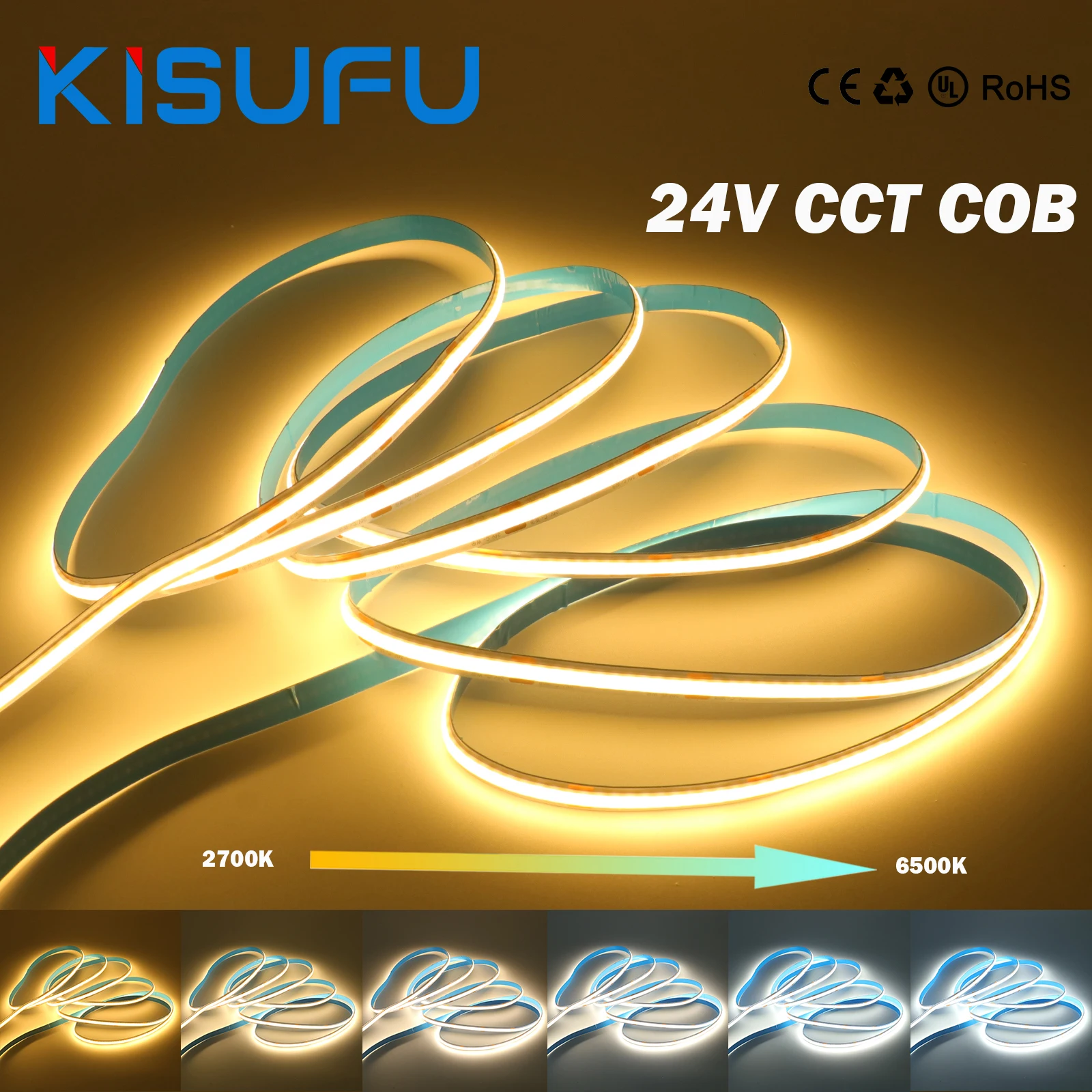 

24V CCT COB Strip Light 576LEDs/M White Natural Warm 3IN1 Colors 0.5M 1M 2M 5M 10M RA90 Flexible Adhesive Tape Linear Lighting
