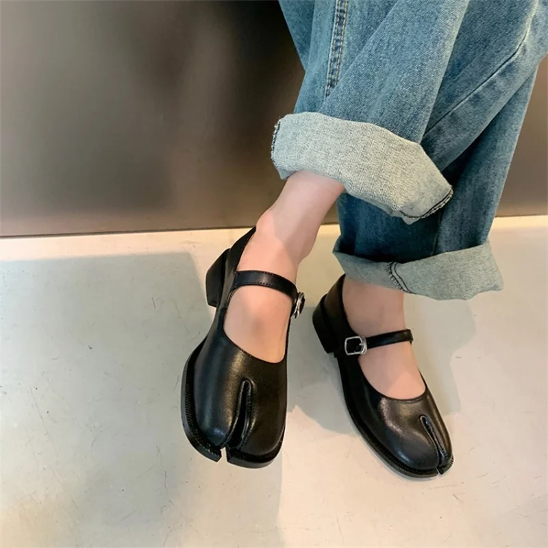 Genuine Leather Square Toe Tabi Ballet Style Chunky Heels Buckle Straps Solid Shoes Elegant Zapatos Mujer Versatile Luxury New