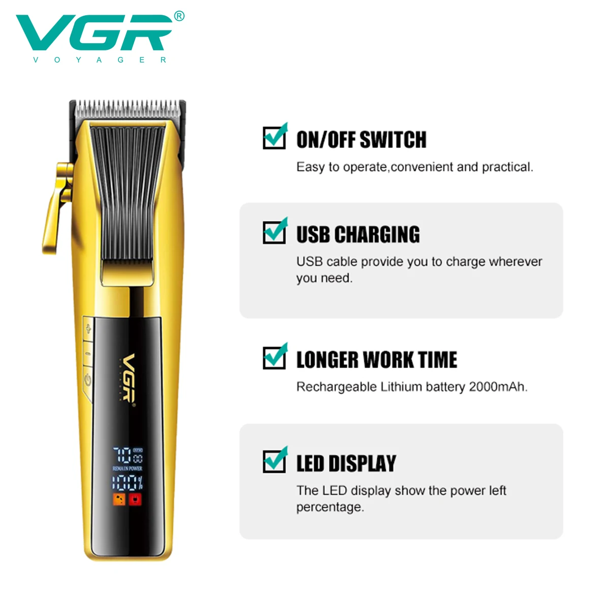 VGR 177 หัวน้ํามันแกะสลักไฟฟ้า PUSH Clipper USB ชาร์จผม Trimmer โลหะ LCD ไฟฟ้าปรับผม Clipper