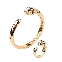 Europe America Fashion Style Men Women Lady Plated Gold Color Black Spots Green Zircon Eyes Leopard Open Ring Bracelet Bangle