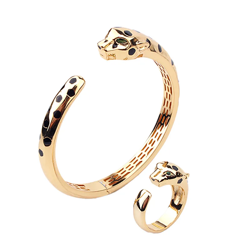 Europe America Fashion Style Men Women Lady Plated Gold Color Black Spots Green Zircon Eyes Leopard Open Ring Bracelet Bangle