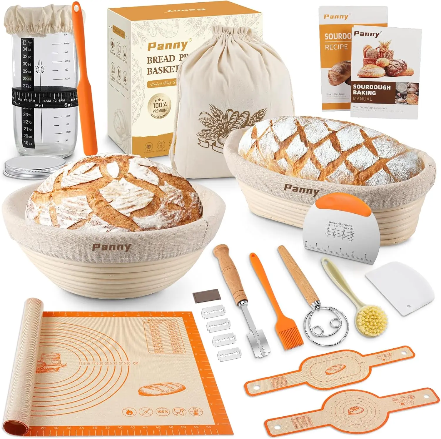 

Sourdough Starter Kit with Proofing Baskets, Jar, Tools & Guide - 9" Round & 10" Oval for Baking