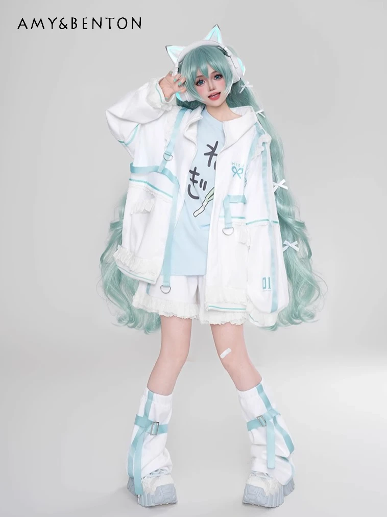 

Japanese Anime Girl Cosplay Costume Subculture Print Lace-up Patchwork Oversized Hooded Jacket T-shirt Puffy Shorts Leg Warmers