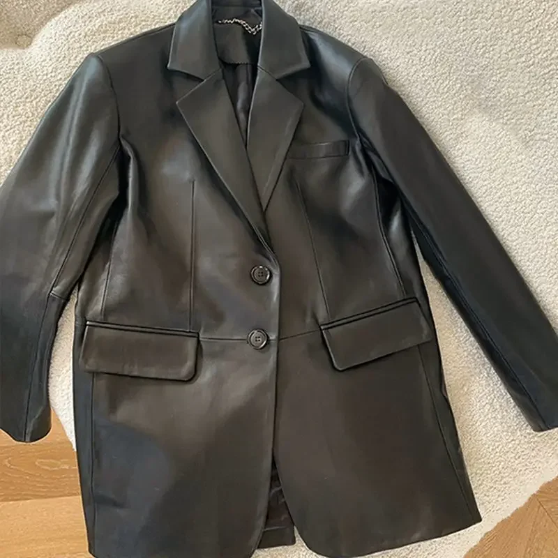 어깨 패드 포함, 중간 길이 가죽 여성 봄 새 워시 가죽 루즈 윈드 브레이커 재킷 가죽 정장 재킷 J136