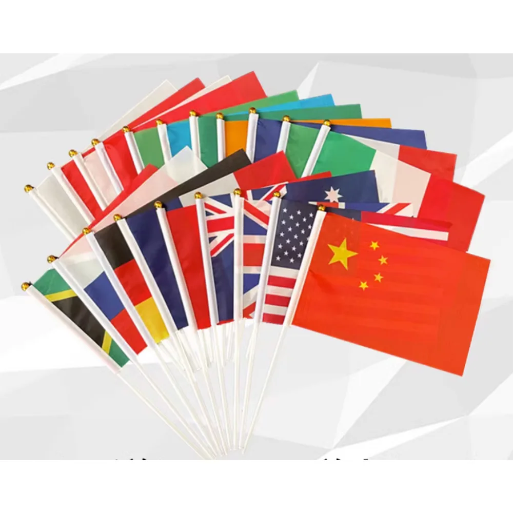 KAFNIK, 5/10/20/100 Pcs Wholesale Flag Waving From Different Countries 14*21 CM With 30 cm Plastic Flagpole