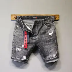 Pantaloncini di Jeans da uomo mezzo lungo al ginocchio pantaloni di Jeans corti dritti per uomo vendita strappata con cerniera estensibile di lusso in difficoltà