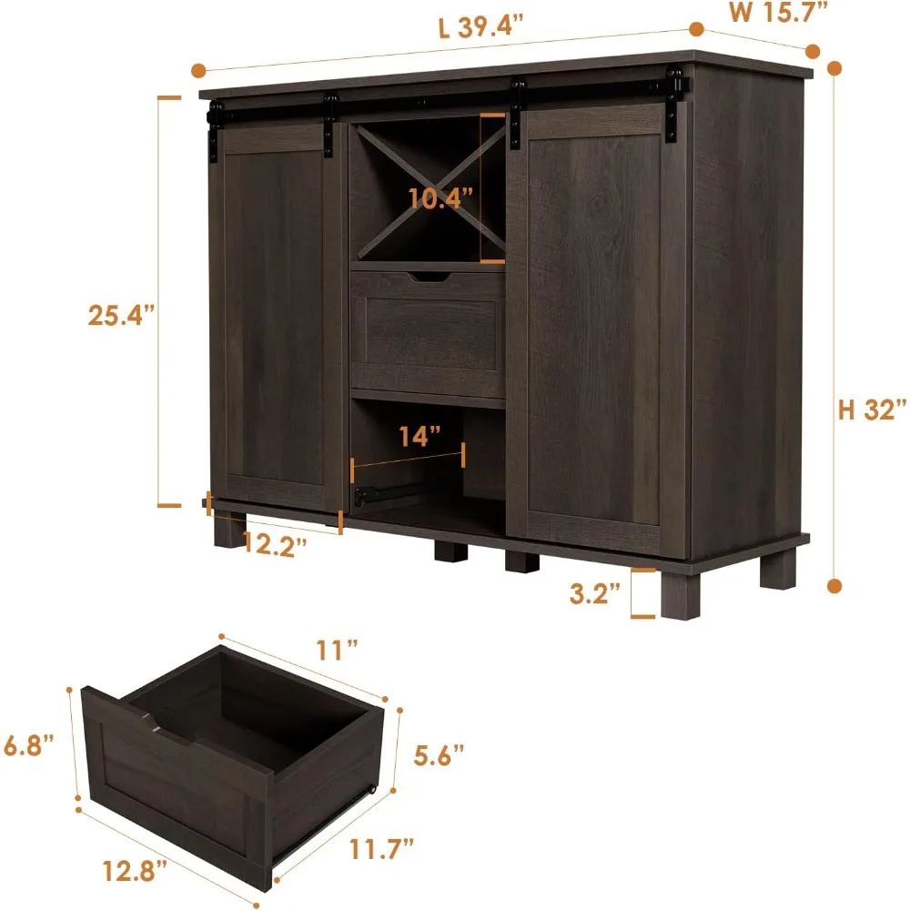 Aparador Buffet Farmhouse, Coffee Bar Cabinet com Armazenamento, Liquor Wine Cabinet com portas deslizantes de celeiro