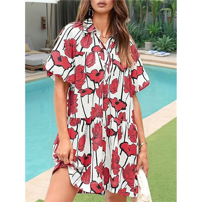 ABP-Vestito camicia abbottonato estivo da donna Mini abiti da spiaggia casual a maniche corte con sbuffo floreale e vestibilità ampia