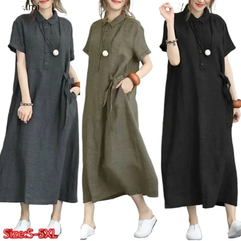 2026 Summer Dress Simple Vintage Cotton Linen Long Dress for Women Fashion Casual Short-sleeved Shirt Dress Solid Vestidaos Robe