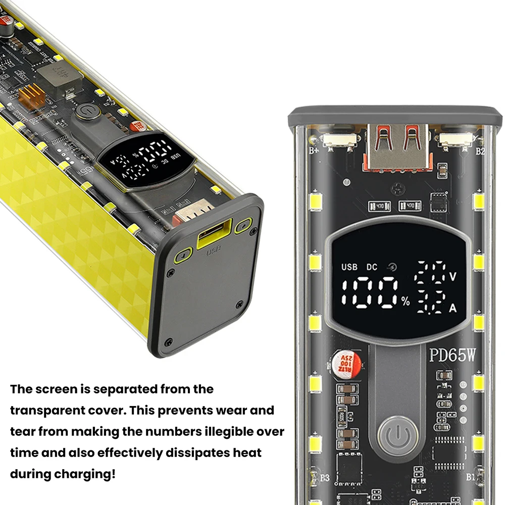 PD 65W 45W Superschnelles Laden Transparentes Powerbank-Gehäuse Lötfreie 8-Zellen 18650 Batteriebox DC-Spannung Einstellbar – Detail 13