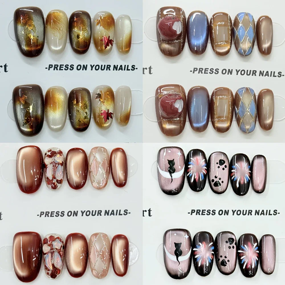 

Cute Autumn Winter Handmade Short Square Ellipse Press On Nails Cat Eyes Leaf Apple Diamond Cherry Pumpkin Wearable Fake Nails