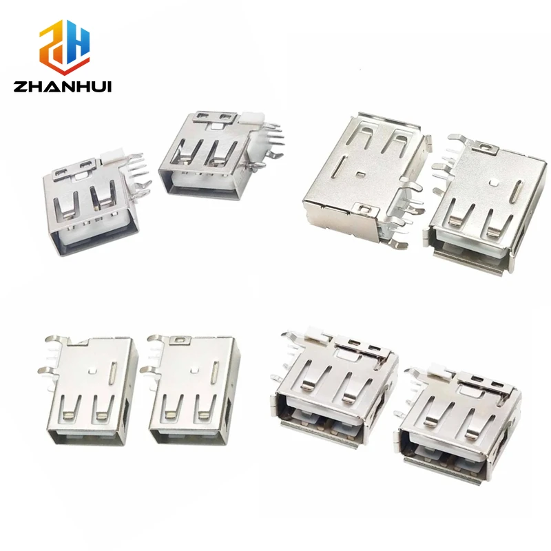 5/10PCS USB 2.0 Type-A Female Socket - 90° Bent Foot Side PCB Mount Data Interface Adapter
