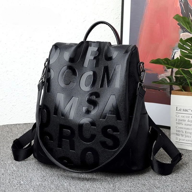 New Fashion Women Letter Backpacks Vintage High Quality Pu Leather Female Ladies Bag Korean Student Backpack Preppy Style Bag