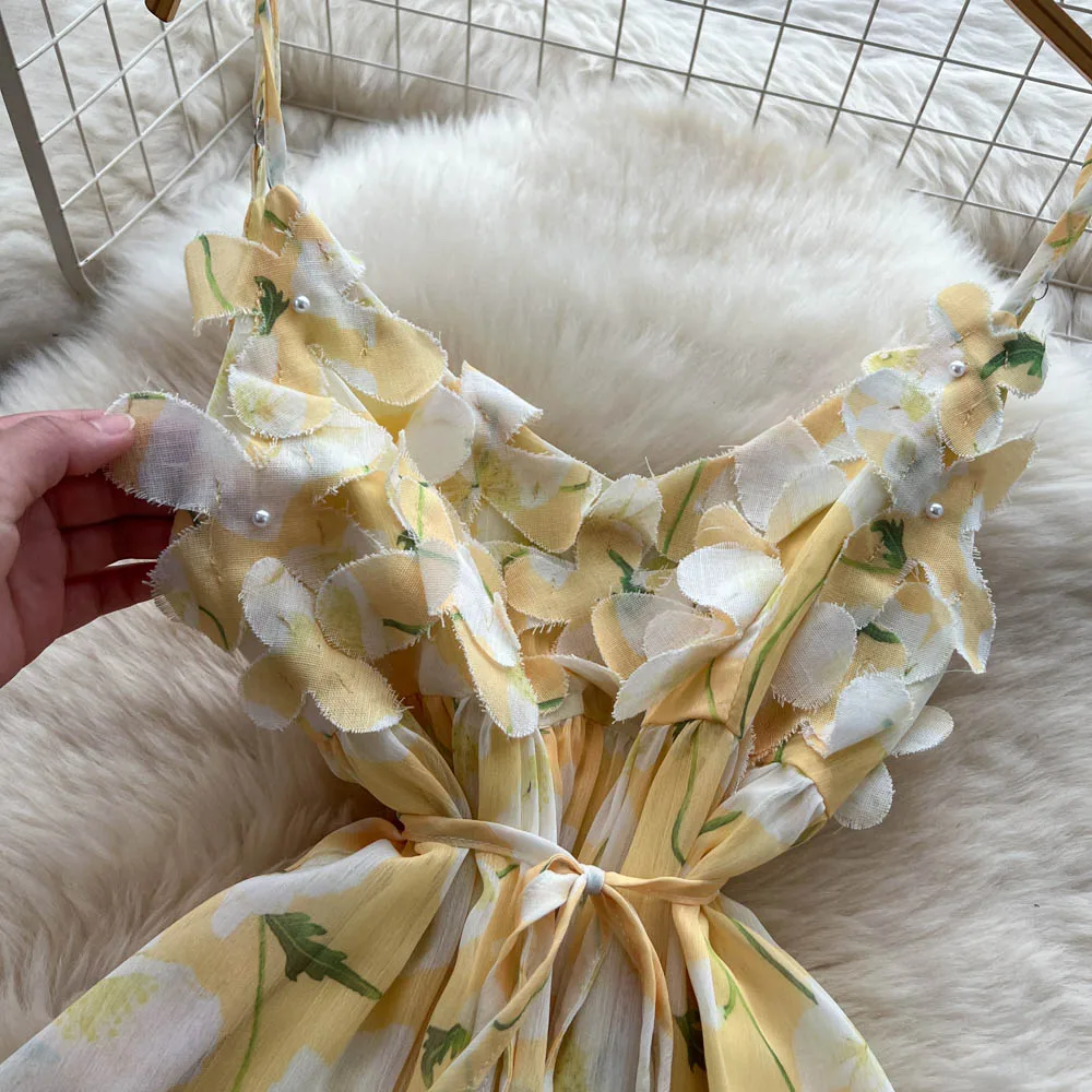 Chic vintage senza maniche in rete floreale sottile Elegante fata moda coreana Boho Sundress abbigliamento donna