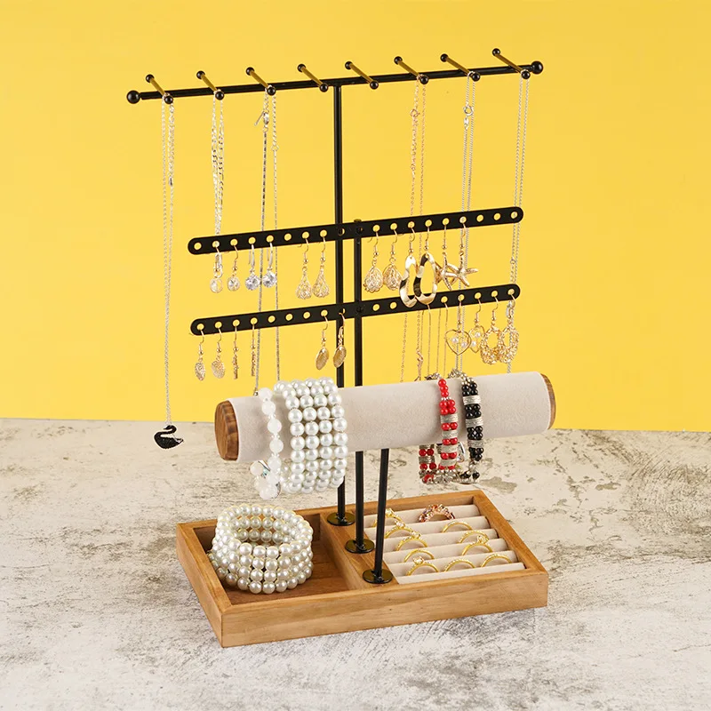 Fashion jewelry display set made of wood and Iron easy assemble table top jewellery finishing organizer earring necklace rack