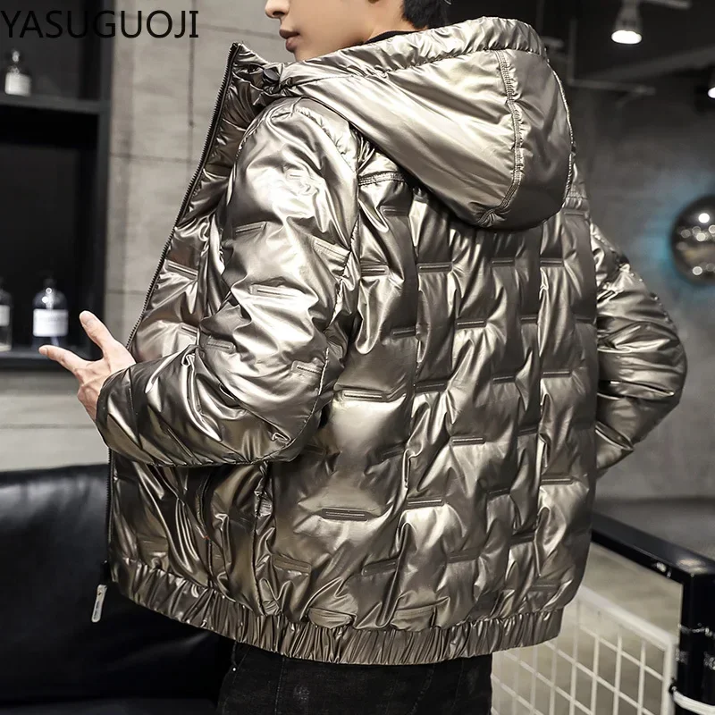 YASUGUOJI Silver Bright Jacket Coat Man Winter Warm Thick White Dunk Down Short Parkas Bread Style Fashion Hooded Jacekts