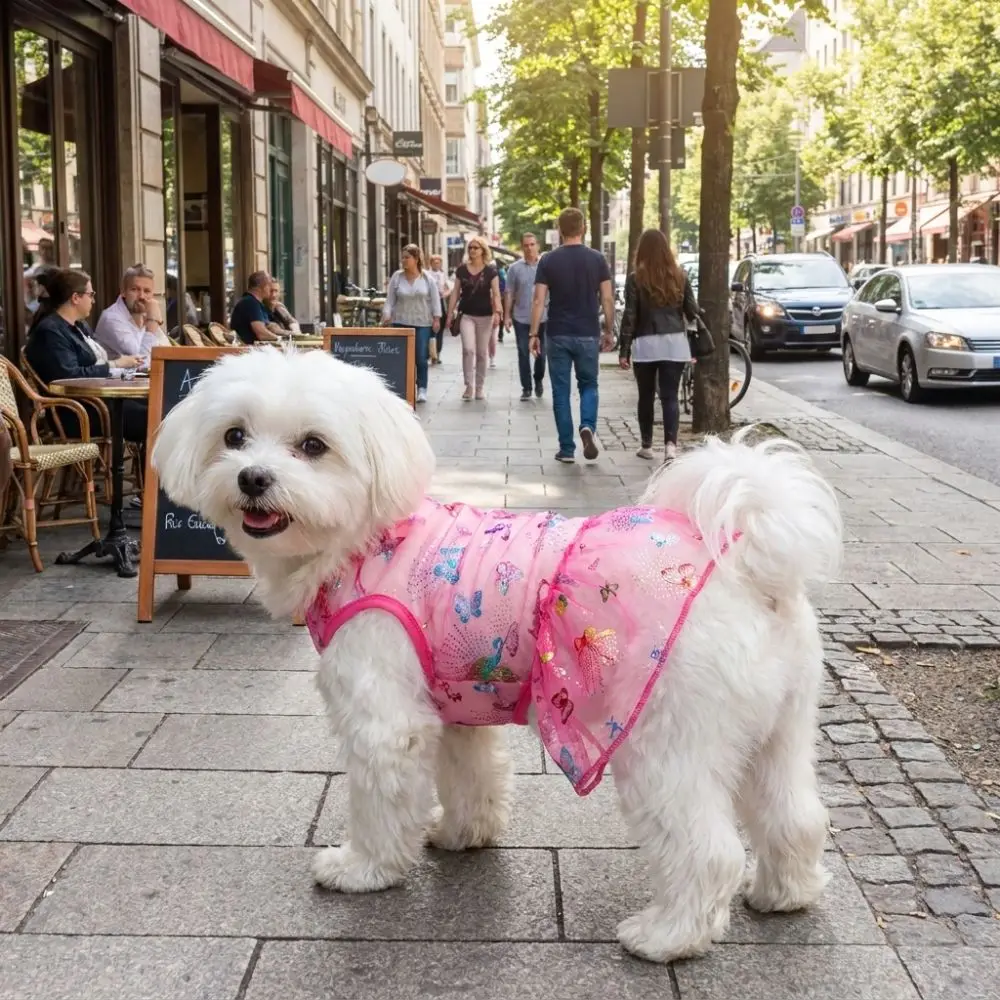 Cute Dog Butterfly Princess Dress Lace Trim Butterfly Print Summer Thin Dog Dress Breathable Dog Mesh Fluffy Skirt Daily Wear