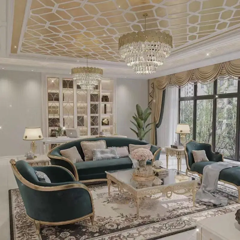 

French light luxury court princess style carved three-person fabric concubine sofa neoclassical living room solid wood